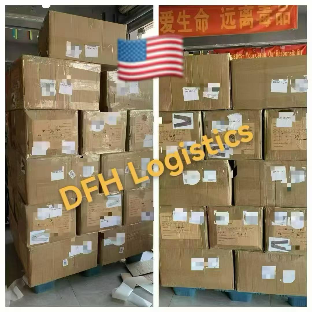 Cartons of pants palletised in our warehouse for the U.S.