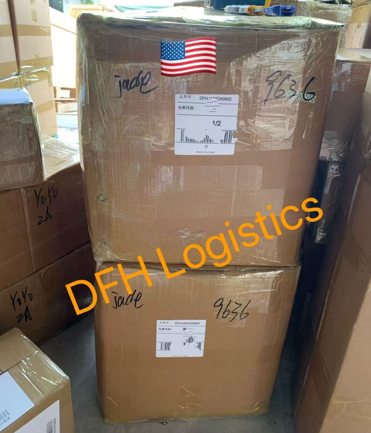 Labelled and wrapped cartons staged for a U.S. shipment