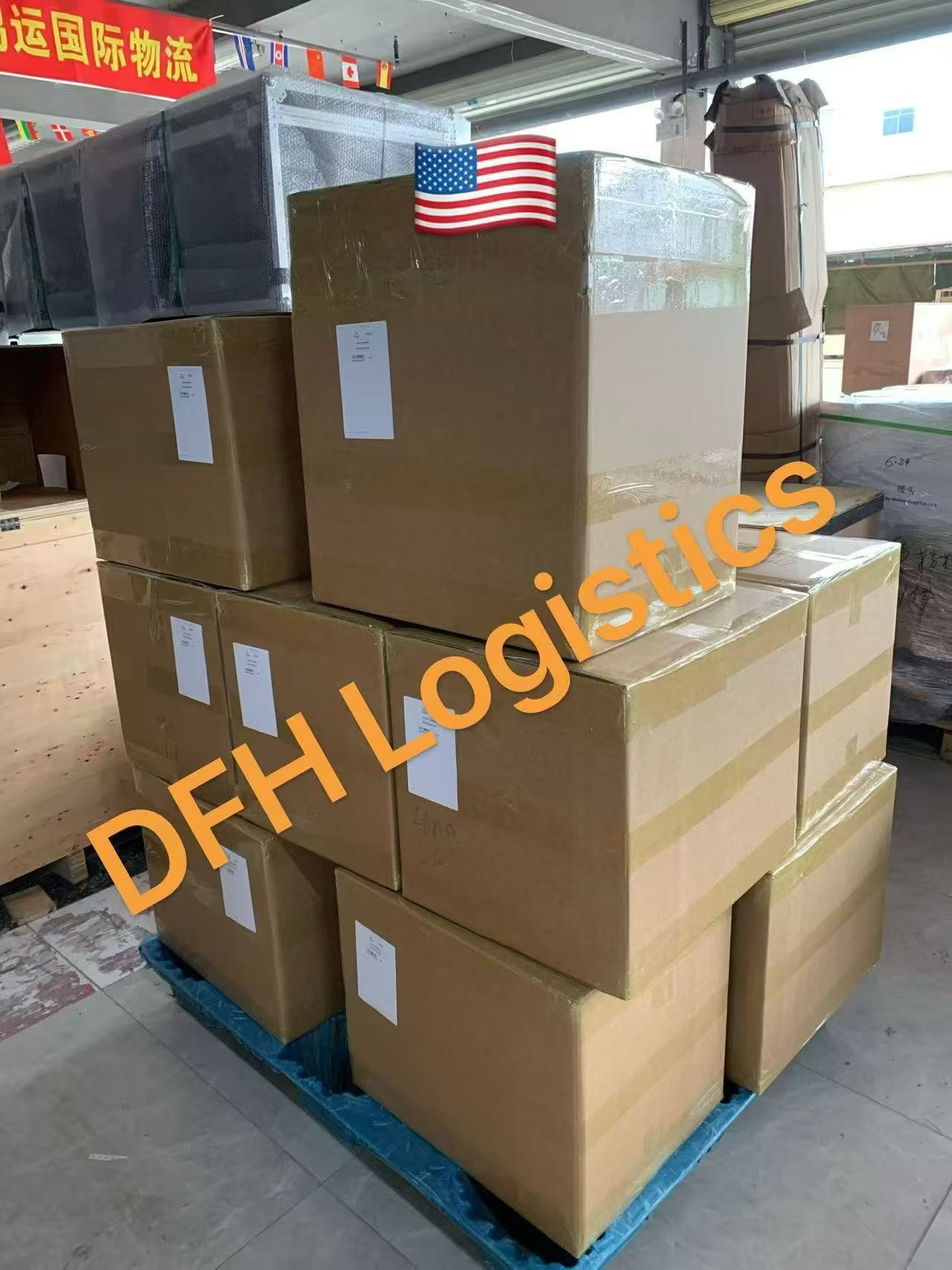 Wrapped boxes on a pallet ready for the U.S. lane