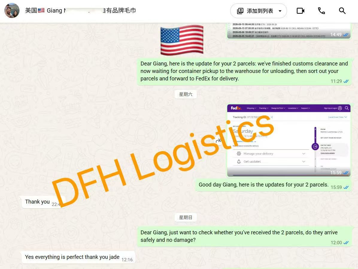 WhatsApp updates on customs clearance and FedEx delivery of towels